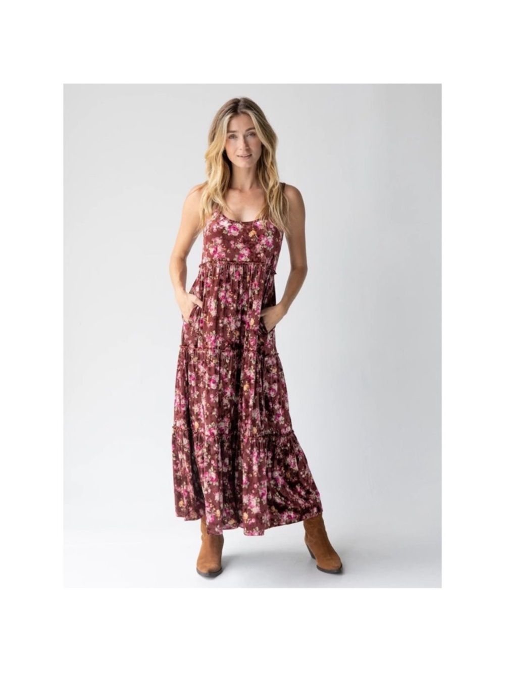 Natural Life Women's Tiered Maxi Dress Velvet Floral Boho Tank Size Medium NWT - Picture 1 of 8